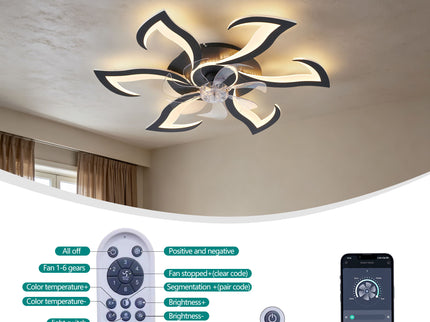 Flower Ceiling Fan With LED Dimmable Light, Flush Mount Ceiling Fan With Remote Control, Low Profile Design, 6 Speeds, Timing Function