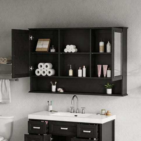Wall Mounted Bathroom Medicine Cabinet With Double Mirrored Doors