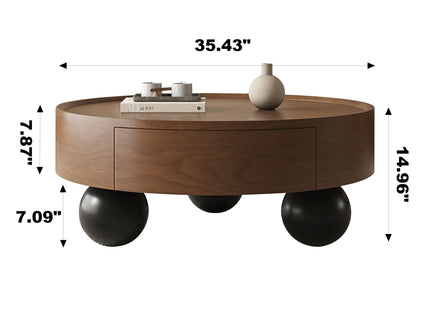 Round Coffee Table With Storage Drawer And Ball Feet - Walnut / Black