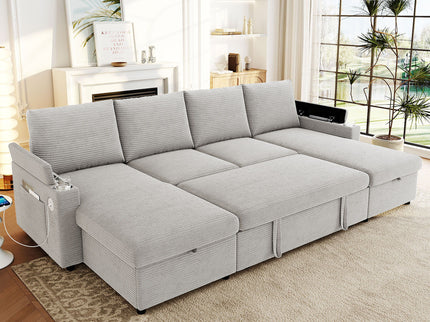 U Shaped Sectional Sofa Bed With Storage Chaise Lounges, USB Ports, And Cup Holders