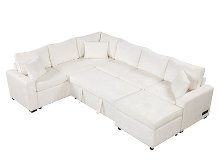 Sectional Sofa Pull-Out Sofa Bed Sleeper With A Storage Ottoman, Three Pillows And Charging Devices For Living Room