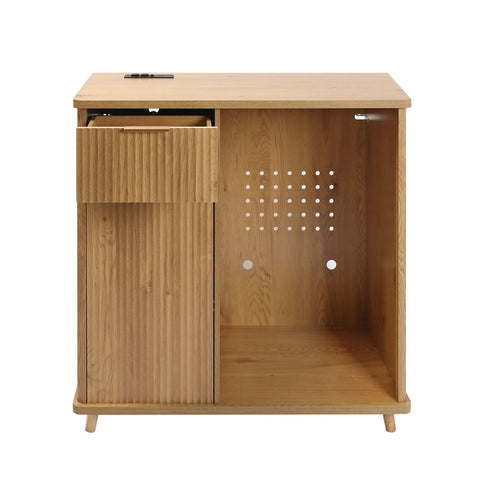 Fluted Coffee Bar Cabinet With Mini Fridge Space & Charging Station - Natural