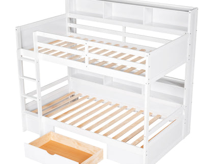 Twin Size Bunk Bed With Built-In Shelves Beside Both Upper And Down Bed And Storage Drawer