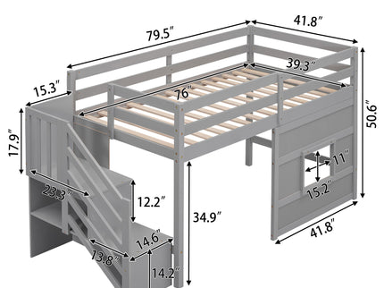 Loft Bed With Storage Staircase, Window & LED Light