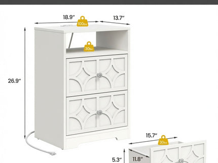 Nightstand With Diamond Carvings Handles, 2 Drawers & Charging Station