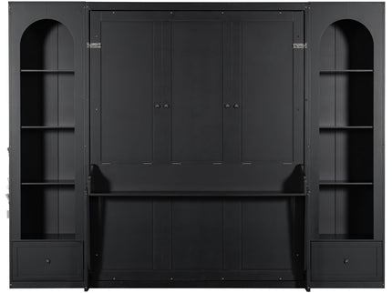 French Style Murphy Platform Bed With Shelf, Side Cabinets, Drawers And LED