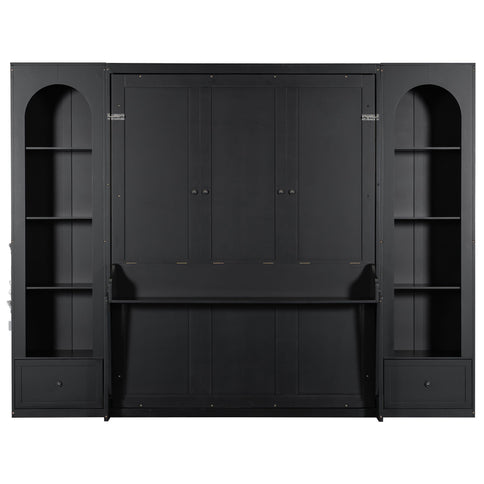 French Style Murphy Platform Bed With Shelf, Side Cabinets, Drawers And LED