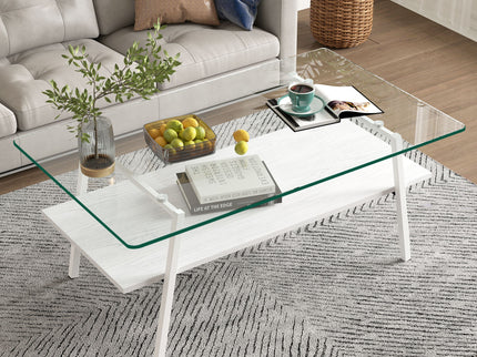 Rectangle Coffee Table, Tempered Glass Tabletop With Metal Legs, Modern Table For Living Room