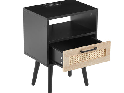 15.75" Rattan End Table With Power Outlet & USB Ports, Modern Nightstand With Drawer And Solid Wood Legs, Side Table For Living Room, Bedroom