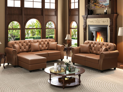 Upholstered Sofa With Nailhead Trim, Rolled Armrests With Ottoman