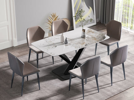 Modern Artificial Stone Pandora White Curved Metal Leg Dining Table, 6 People - Antique White