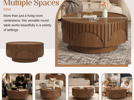 Round Fluted Drum Coffee Table With Sturdy Base For Living Room