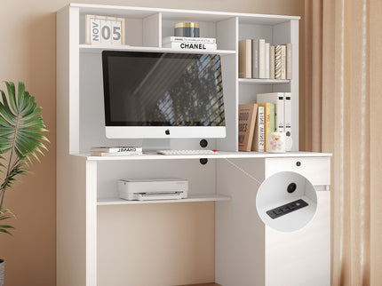 Computer Desk With Hutch & Bookshelf, Wood Executive Desk Teens Student Desk Writing Laptop Home Office Desk With Drawers, 3 Ac Outlets And 2 USB Charging Ports, Study Laptop Table For Home - White