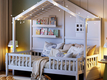 House Bed With Shelves, Window And Sparkling Light Strip On The Roof