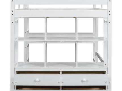 Full Size Loft Bed With Built In Desk, 2 Drawers, Storage Shelves - White