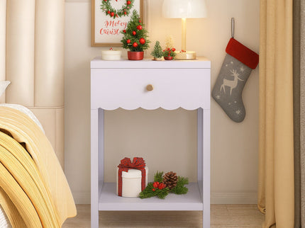 Nightstand With Drawer And Open Shelf, Scalloped Edge Bedside Table