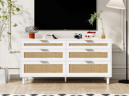 Rattan Dresser With 6 Drawers, Wooden Legs & Metal Handle