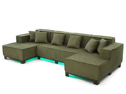 U-Shaped Sectional Sofa With RGB LED Light Strip And 6 Pillows
