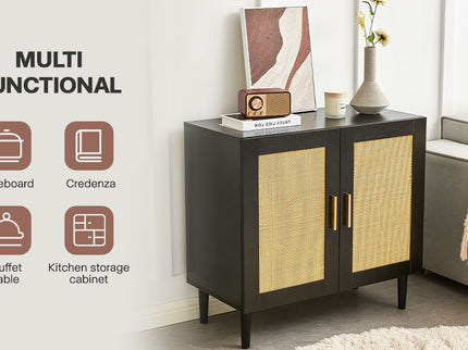 Side Panel Buffet Cabinet With Natural Rattan Door, Rattan Storage Cabinet With Adjustable Shelves, Side Panel And Buffet With Storage Space, Modern Console Cabinet In Bedroom And Living Room - Black / Beige