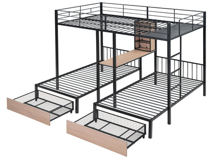 Triple Bunk Bed With Drawers, Multi-Functional Frame With Desks And Shelves In The Middle
