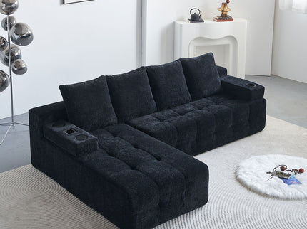 L - Shaped Sectional Sofa With Side Pockets, Wireless Charging, USB Ports, Cup Holder, Bluetooth Speaker, Reversible Lounge Chaise - Black