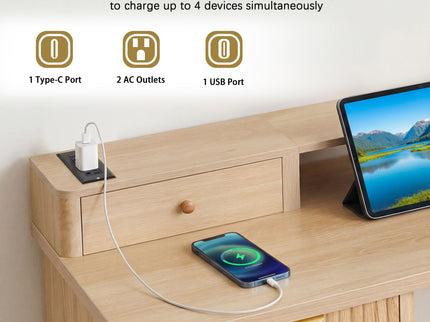 Fluted L-Shaped Desk With Charging Station & Storage Cabinet
