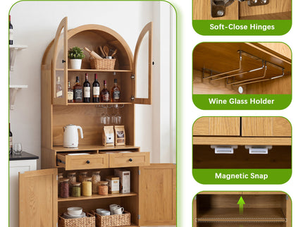 Tall Arched Pantry Cabinet With Charging Station, Adjustable Shelves, Coffee Bar