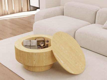 Round Coffee Table With 2 Dining Chairs Set, Ring Striped Design - Beige / Wood
