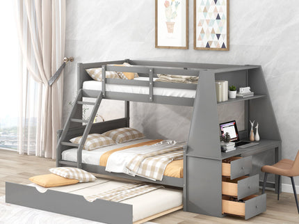 Bunk Bed With Trundle And Built In Desk, 3 Storage Drawers And Shelf