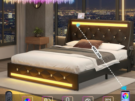 Wingback Upholstered Bed Frame With LED Lights, Charging Station