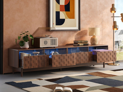TV Stand With LED Lights And Glass Drawers For Living Room - Walnut