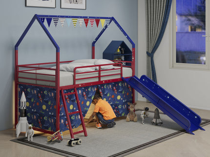Jack - House Loft Bed With Slide And Curtain Set