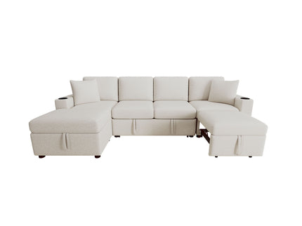 Sectional Sofa Convertible Pull-Out Bed With Storage Ottoman & USB Ports