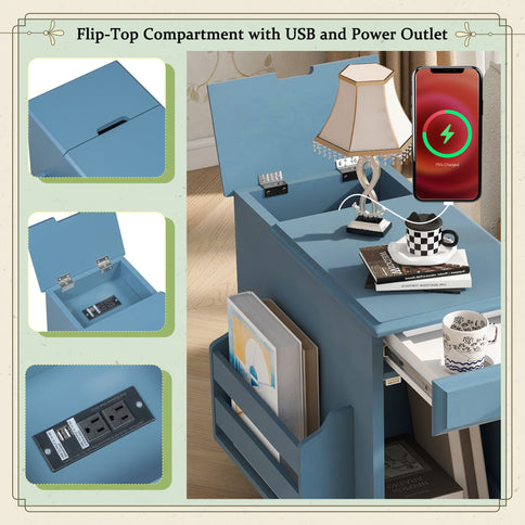 Vintage Flip Top Side Table With USB Ports