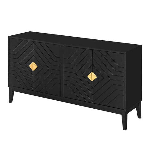 4 Door Sideboard Storage Cabinet For Living Room And Dining Room, 2 Large Cabinets With Gold Handles And Adjustable Shelf - Black
