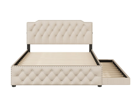 Upholstered Platform Bed With Trundle And 2 Sets Of USB Ports On Each Side, Fabric