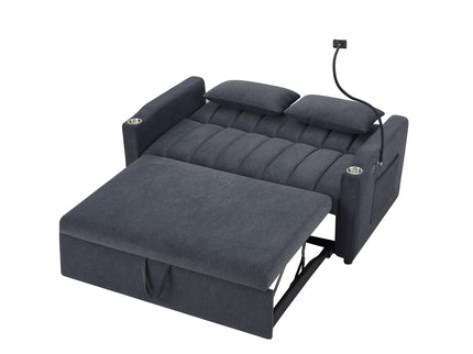 Convertible Sofa Bed Loveseat Sofa With Three USB Ports, Two Side Pockets, Two Cup Holders And 360° swivel Phone Holder For Living Room