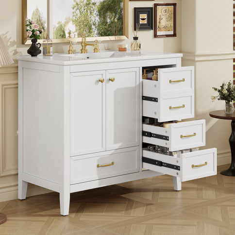 Elegant Vintage Bathroom Vanity & Sink And Soft Closing Door, 4 Drawers Of Different Sizes Frame