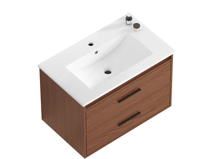 Wall Mounting Bathroom Vanity With Soft Close 2 Drawer, Sink - Reddish Brown