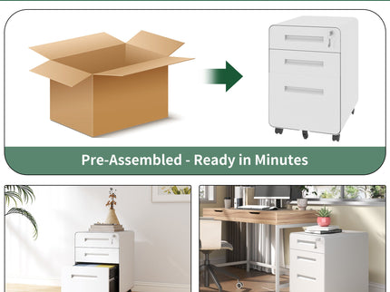 3-Drawer Mobile File Cabinet With Lock, On Casters, Holds A4/Letter Files