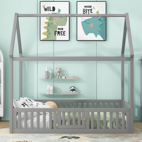 Wood House Bed With Fence And Door