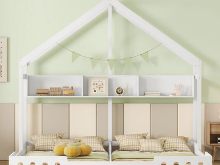 Twin Size Platform Bed With Shared Design, Guardrails, And Built In Shelves - Creamy White