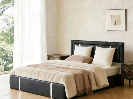 Upholstered Platform Bed Frame With Adjustable LED Headboard, USB C-Charging, Hydraulic Lift