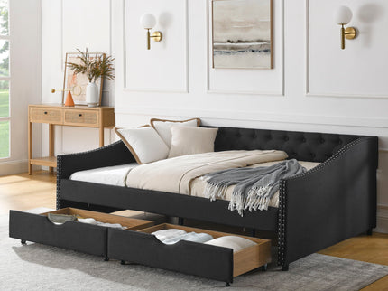 Upholstered Tufted Daybed With 2 Drawers, Waved Arms