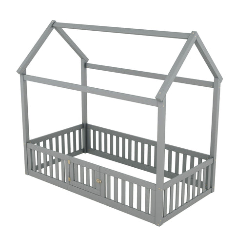 Wood House Bed With Fence And Door