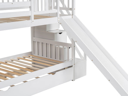House Bunk Bed With Trundle, Storage Staircase, Roof And Window Design