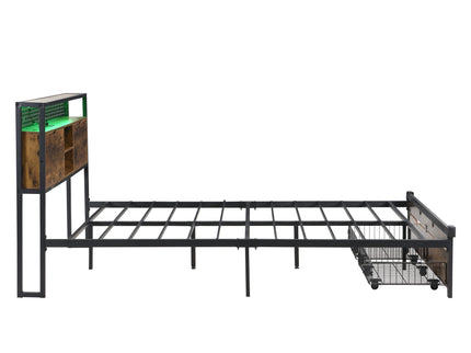 Modern Metal Platform Bed Frame With Wooden Headboard, USB Charging Station, Storage Drawers