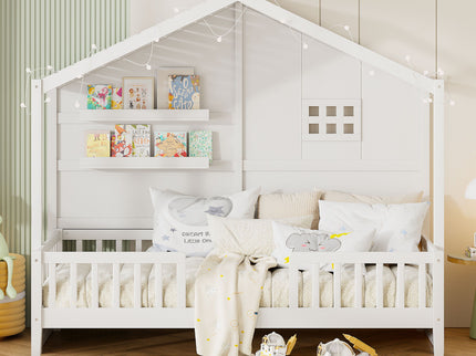 House Bed With Shelves, Window And Sparkling Light Strip On The Roof