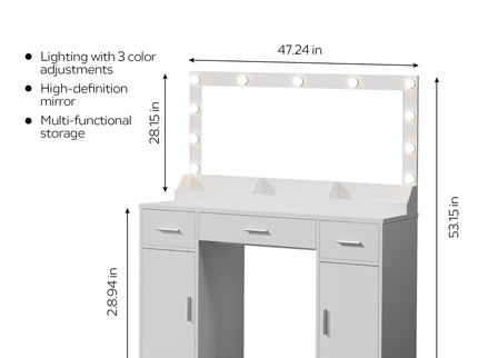 Vanity Desk With Large Mirror, 3 Colour Lighting Modes, Adjustable Brightness, Dresser With 3 Drawers & 2 Vertical Cabinets, Makeup Vanity Table For Women & Girls