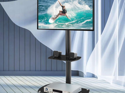 Height And Angle Adjustable Multi-Function Tempered Glass Metal Frame Floor With Lockable Wheels Mobile TV Stand, Lcd / Plasma TV Bracket 2 Tier Tempered Glass Shelves For Multiple Media Devices - Black
